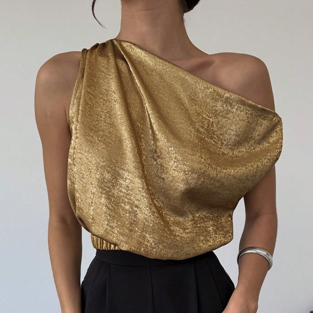 Gold Elegant Romantic Women's Asymmetric Off-Shoulder Blouse - Picture 7 of 7